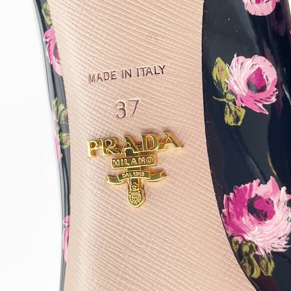 Prada Black Pink Patent Leather Rose Floral Print Pointed Toe Pump Heel IT 37 - Picture 11 of 12